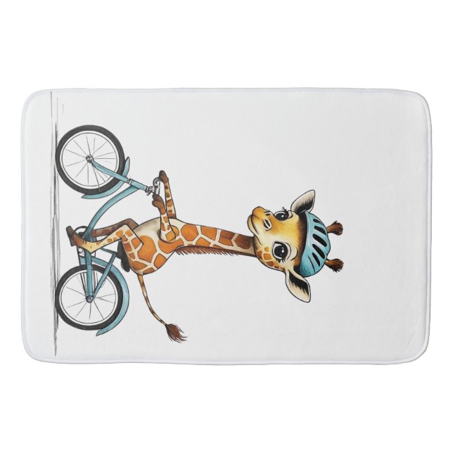 Giraffe Riding a Bicycle – Hand-Drawn Pencil Art Bath Mat (Front)