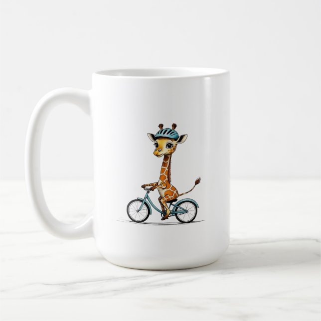 Giraffe Riding a Bicycle – Hand-Drawn Pencil Art Coffee Mug (Left)