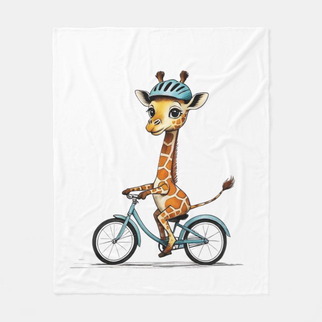 Giraffe Riding a Bicycle – Hand-Drawn Pencil Art Fleece Blanket (Front)