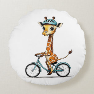 Giraffe Riding a Bicycle – Hand-Drawn Pencil Art Round Cushion