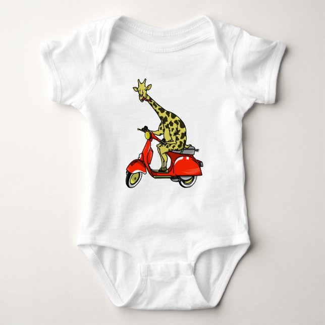 Giraffe riding a red scooter baby bodysuit (Front)