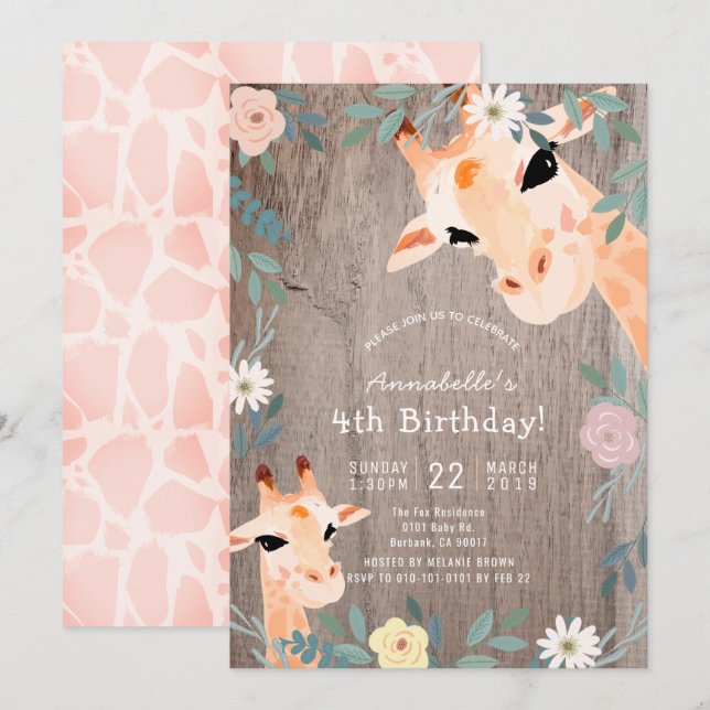 Giraffe Rustic Wood Pink Floral Birthday Invitation (Front/Back)