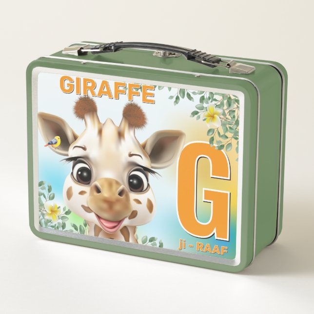 Giraffe Safari Alphabet Kids  Metal Lunch Box (Back)