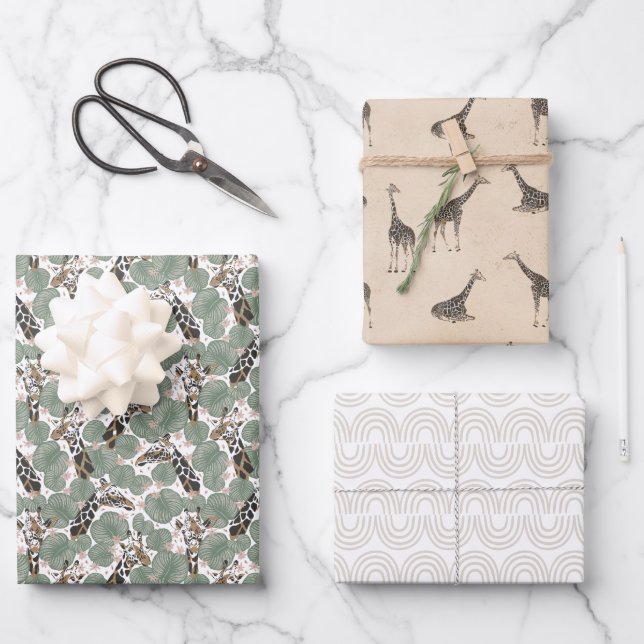 Giraffe Safari Animal Botanical Patterned Birthday Wrapping Paper Sheet (Front)