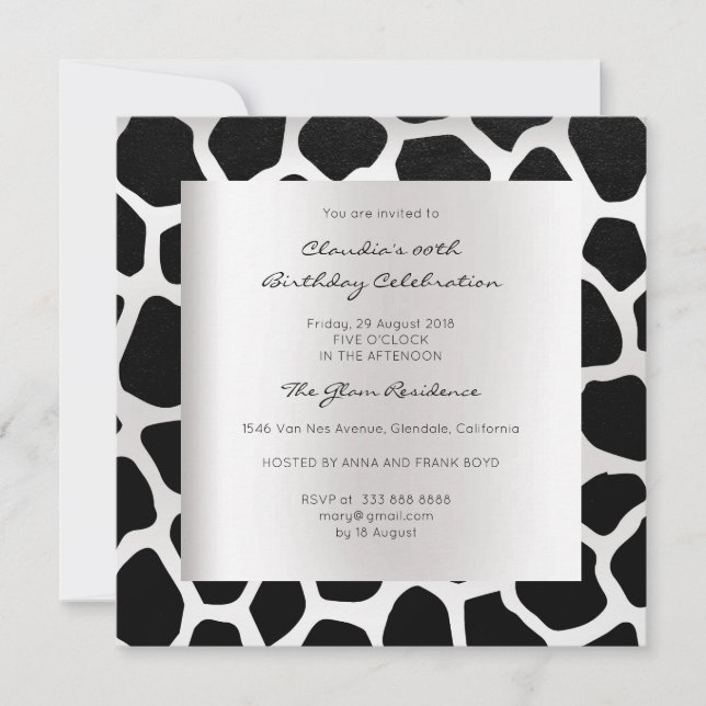 Giraffe Safari Animal Skin Black Silver Birthday Invitation (Front)