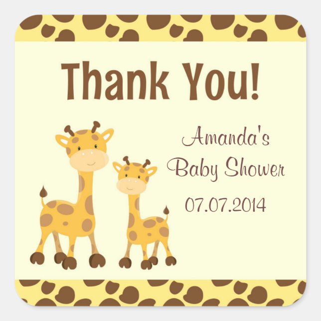 Giraffe Safari Baby Shower Thank You Square Sticker (Front)