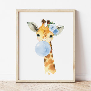 Giraffe, Safari, Blue Bubble Gum, Boy Nursery Photo Print