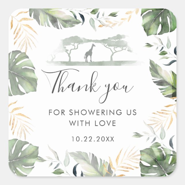Giraffe Safari Palm Leaves Baby Shower Favour Square Sticker (Front)