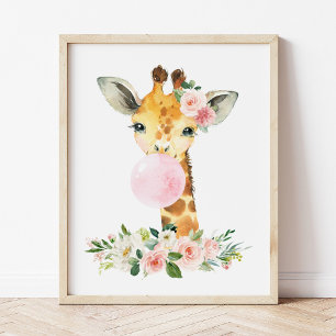 Giraffe, Safari, Pink Bubble Gum, Girl Nursery Poster
