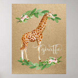 Giraffe Safari Pink Floral Girl's Nursery Art Poster