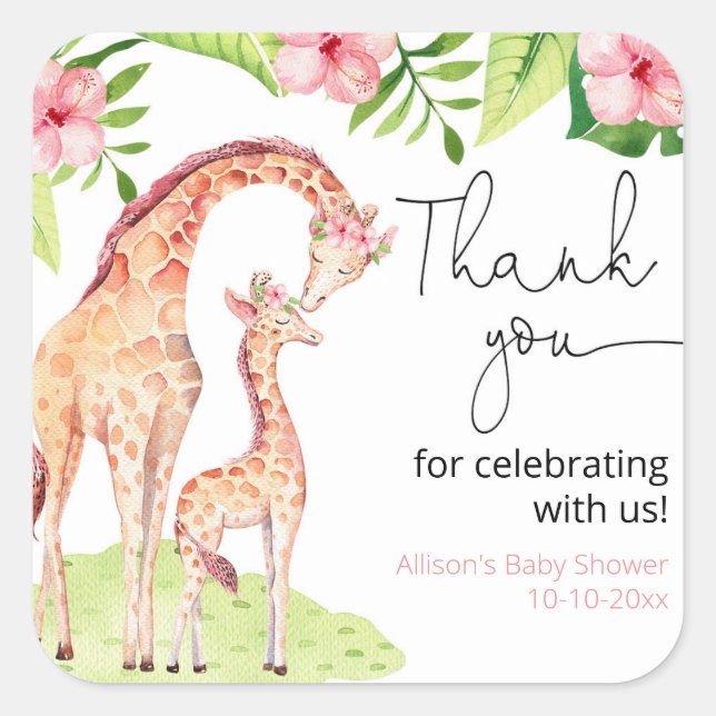 Giraffe safari tropical girl leaves baby shower square sticker (Front)