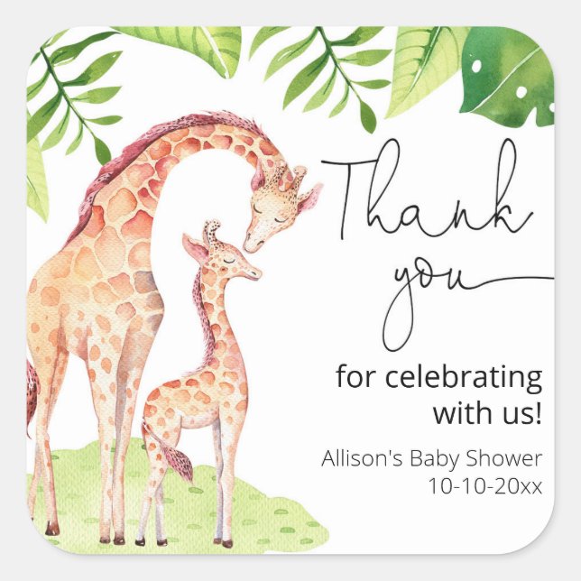 Giraffe safari tropical green leaves baby shower square sticker (Front)