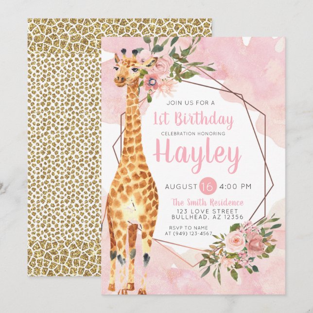 Giraffe Safari Watercolor Birthday Invitation (Front/Back)