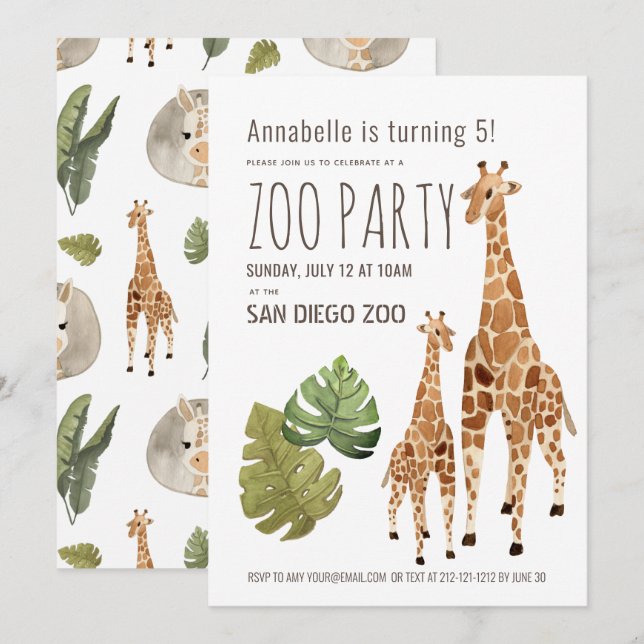 Giraffe Safari Zoo Party Kids Birthday Invitation (Front/Back)
