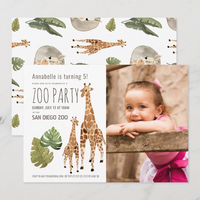 Giraffe Safari Zoo Party Kids Photo Birthday Invitation (Front/Back)