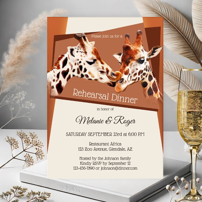 Giraffe Safari Zoo Rehearsal Dinner Invitation (Rehearsal dinner invitation with a whimsical and colorful painting of giraffes - animal -zoo -safari)