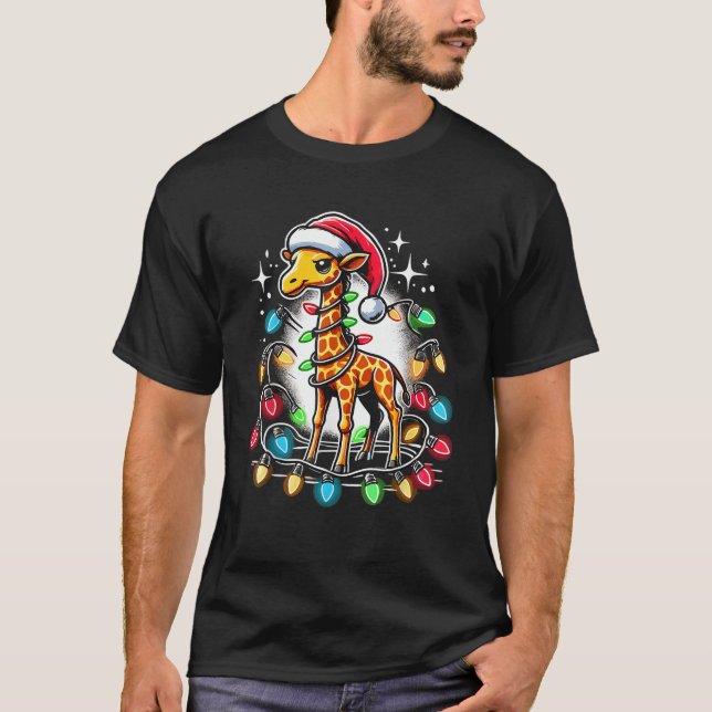 Giraffe Santa Hat Christmas Lights Xmas  T-Shirt (Front)