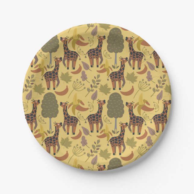 Giraffe seamless pattern yellow background paper plate (Front)