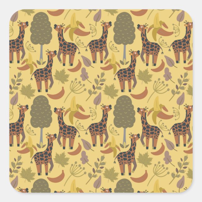 Giraffe seamless pattern yellow background square sticker (Front)
