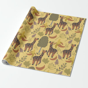 Giraffe seamless pattern yellow background wrapping paper