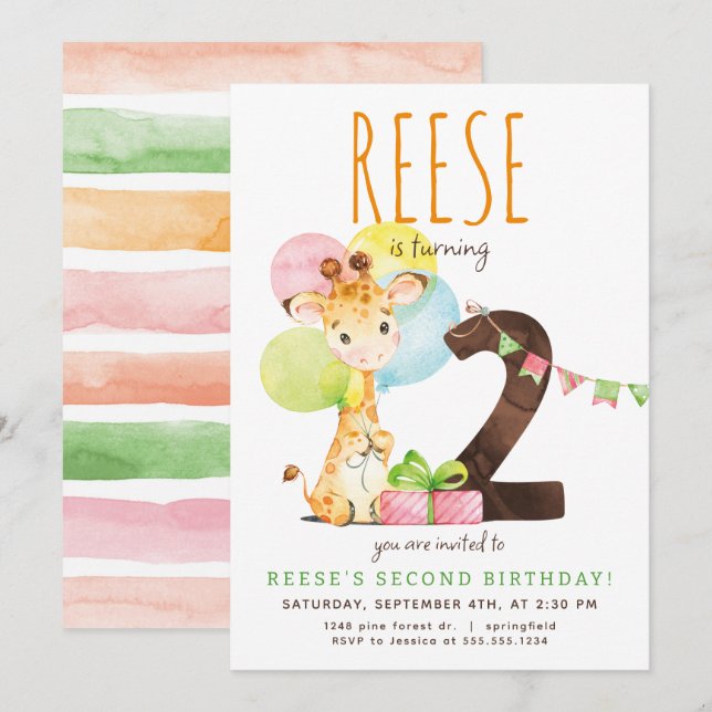 Giraffe Second Birthday Party Invitation (Front/Back)