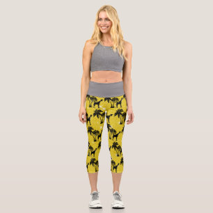 Giraffe Silhouette Tropical Palm Tree Leaves Zoo Capri Leggings