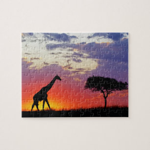 Giraffe silhouetted at sunrise, Giraffa Jigsaw Puzzle