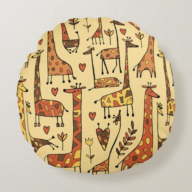 Giraffe Sketch, Fun Seamless Design. Round Cushion (Front)