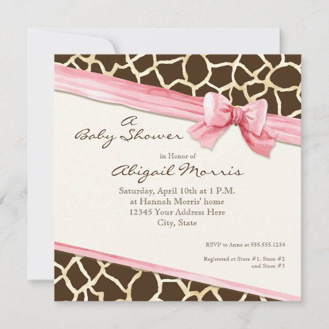Giraffe Skin Pattern Ribbon n Bow Baby Girl Invite (Front)