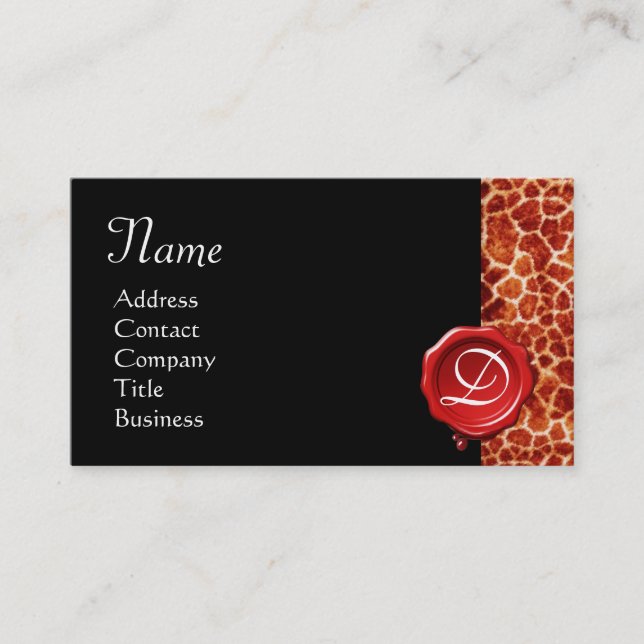GIRAFFE SKIN ,RED WAX SEAL MONOGRAM,Black Business Card (Front)