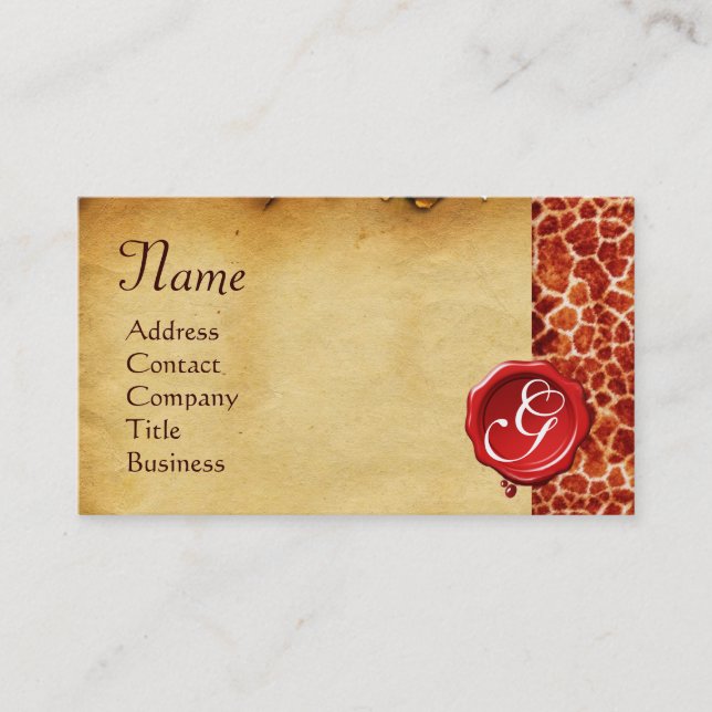 GIRAFFE SKIN ,RED WAX SEAL PARCHMENT Monogram Business Card (Front)