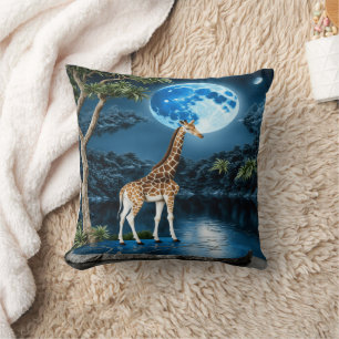 Giraffe Standing by River Under Moonlit Sky Cushion