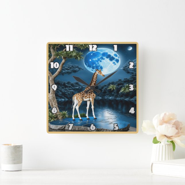 Giraffe Standing by River Under Moonlit Sky Square Wall Clock (Home)