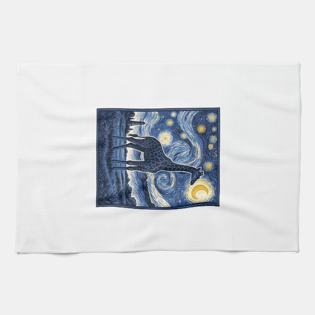 Giraffe Starry Night Vintage Tea Towel (Horizontal)