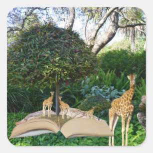 Giraffe Story Book Time, Square Sticker