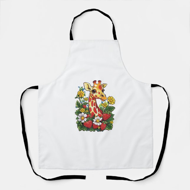 Giraffe Strawberries and Flowers Graphic Cute Gira Apron (Front)