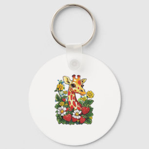 Giraffe Strawberries and Flowers Graphic Cute Gira Key Ring