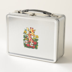 Giraffe Strawberries and Flowers Graphic Cute Gira Metal Lunch Box