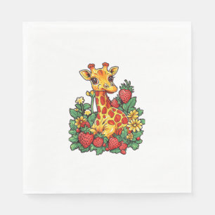 Giraffe Strawberries and Flowers Graphic Cute Gira Napkin