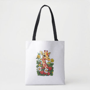 Giraffe Strawberries and Flowers Graphic Cute Gira Tote Bag