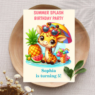 Giraffe Summer Splash Birthday Invitation Girl 