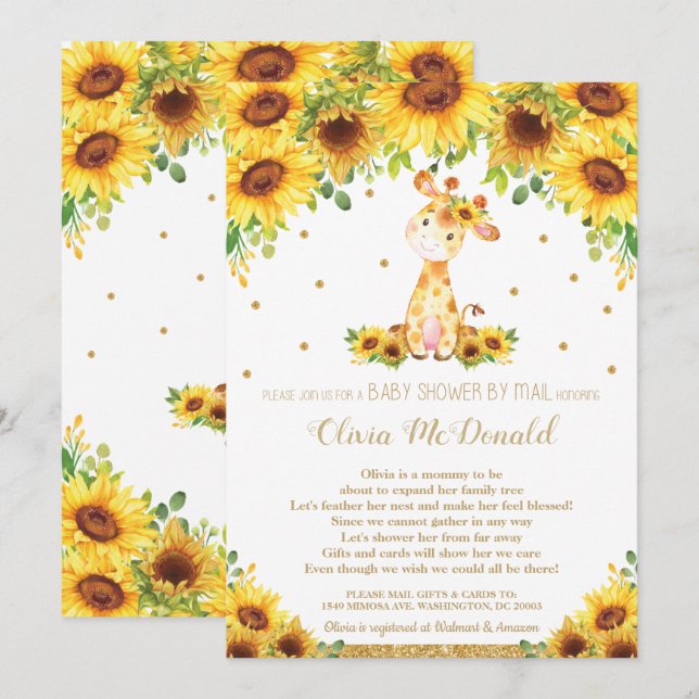 Giraffe Sunflower Floral Baby Shower by Mail Girl Invitation (Front/Back)