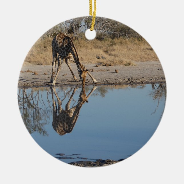 GIRAFFE TAKING A REFLECTED DRINK CERAMIC TREE DECORATION (Front)