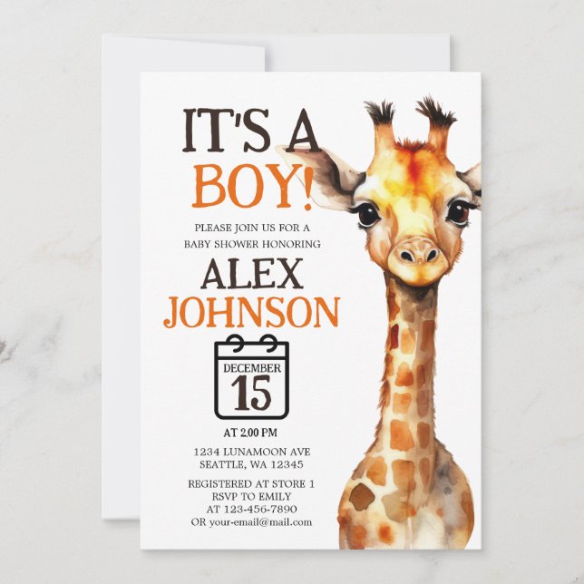 Giraffe Themed Safari Baby Shower Invitation (Front)