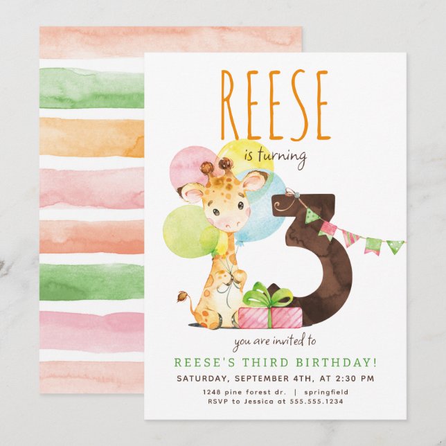 Giraffe Third Birthday Party Invitation (Front/Back)
