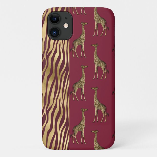 Giraffe & Tiger Print Gold Burgundy Red Chic Case-Mate iPhone Case (Back)