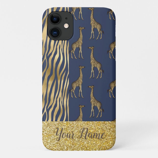 Giraffe & Tiger Print Gold Glitter Blue Name Case-Mate iPhone Case (Back)