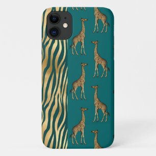 Giraffe & Tiger Print Gold Teal Pretty Chic iPhone 11 Case