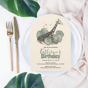 Giraffe Tropical Greenery Animal Birthday Party  Invitation