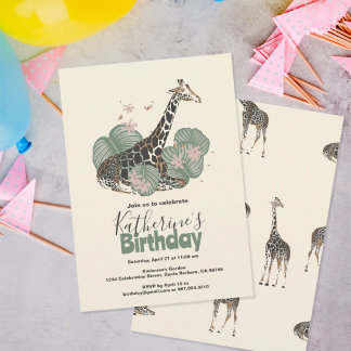 Giraffe Tropical Greenery Animal Birthday Party  Invitation